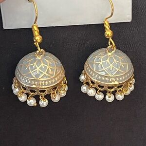 Stunning Grey Enamel with Gold and bead detail Chandelier Jhumka Earrings